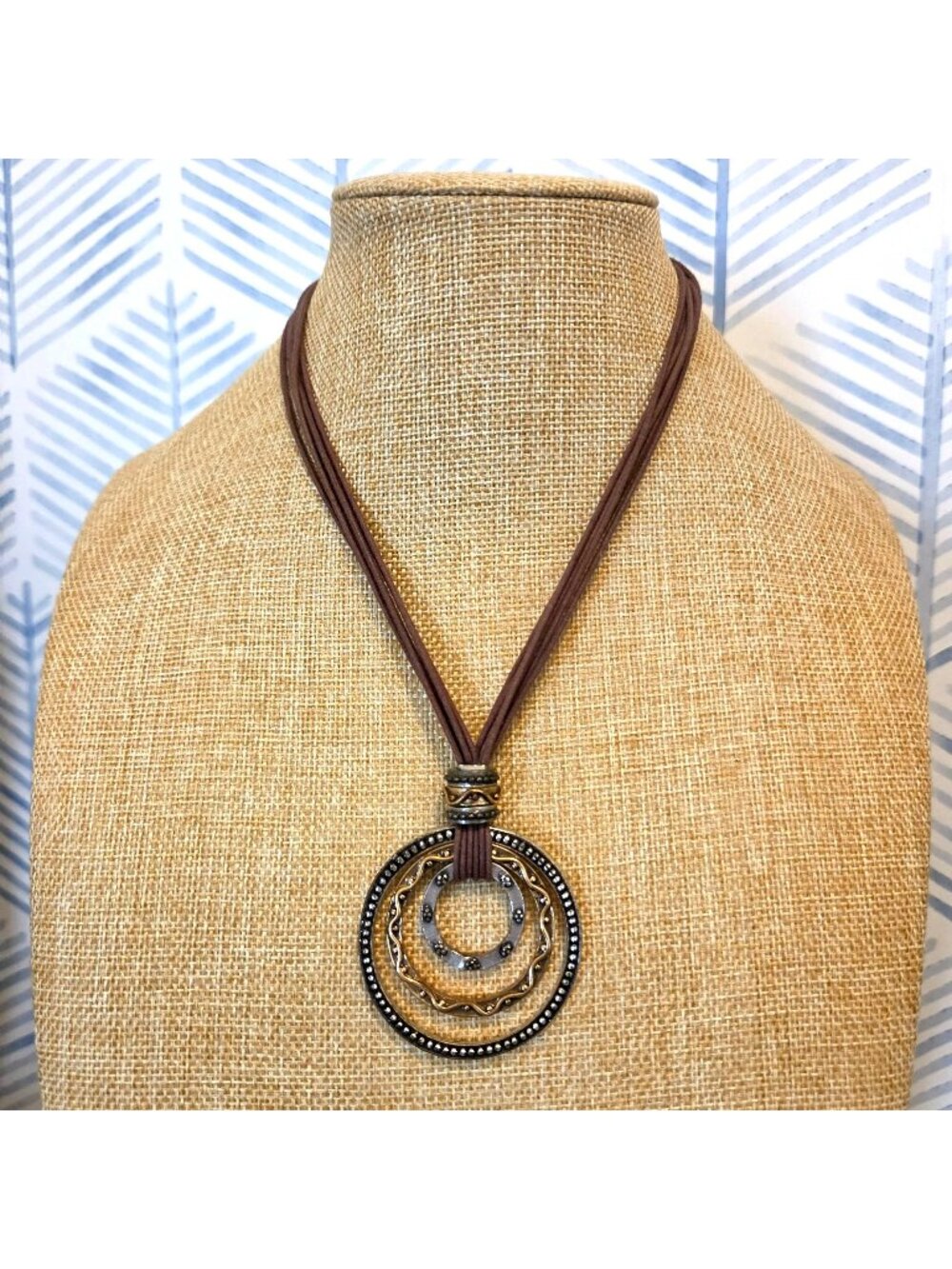 Chico's Silver & Gold Engraved Metal Pendant Leather Cord Choker Necklace